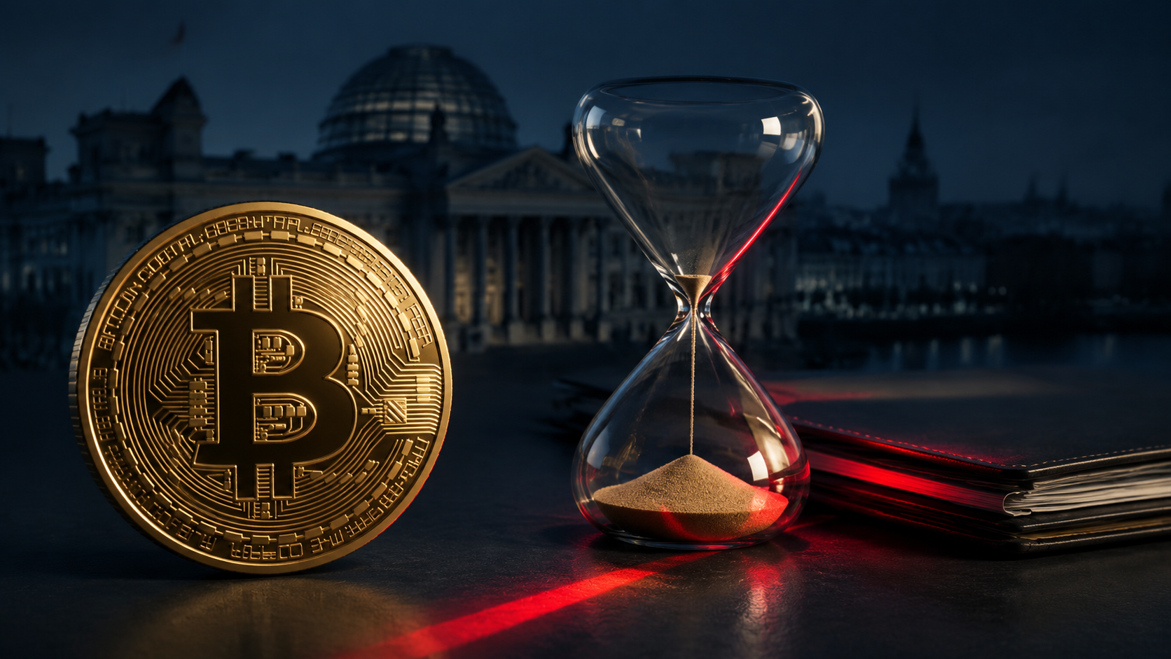 Bitcoin, Sanduhr und Bundestag zur geplanten Abschaffung der Krypto-Haltefrist