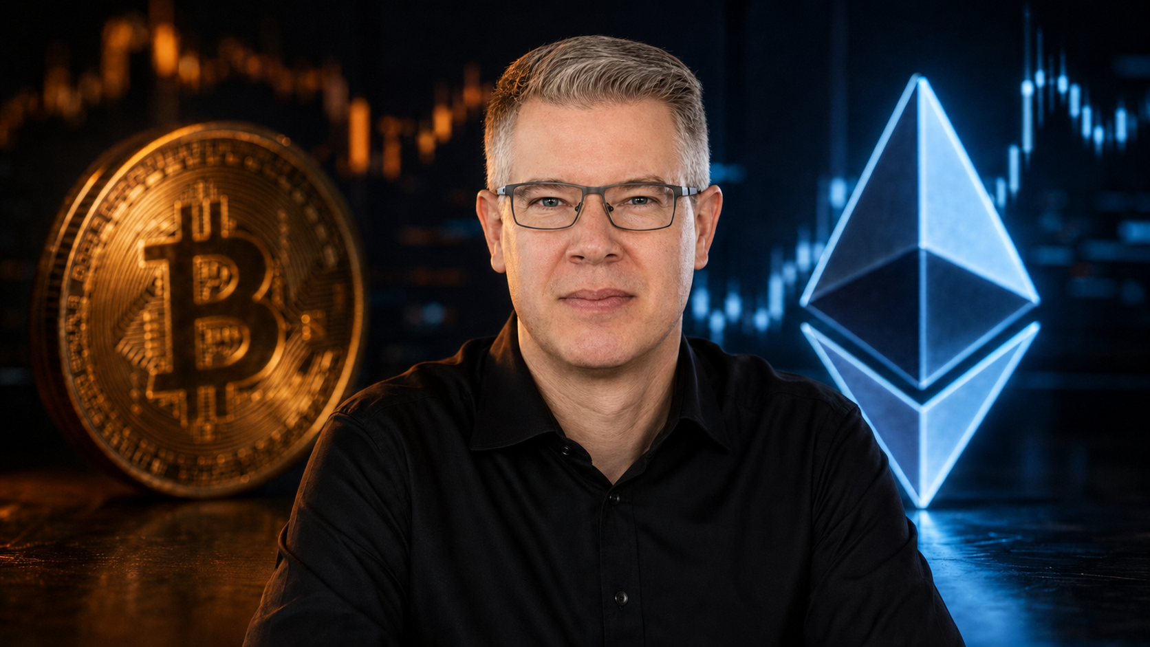 Frank Thelen zwischen Bitcoin und Ethereum vor einem digitalen Kurschart