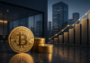 Genius Group plant Bitcoin-Treasury von 827 Millionen Dollar Goldene Bitcoin-Münzen vor einem steigenden Finanzchart und moderner Unternehmensskyline.
