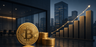 Goldene Bitcoin-Münzen vor einem steigenden Finanzchart und moderner Unternehmensskyline.