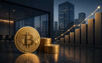 Goldene Bitcoin-Münzen vor einem steigenden Finanzchart und moderner Unternehmensskyline.