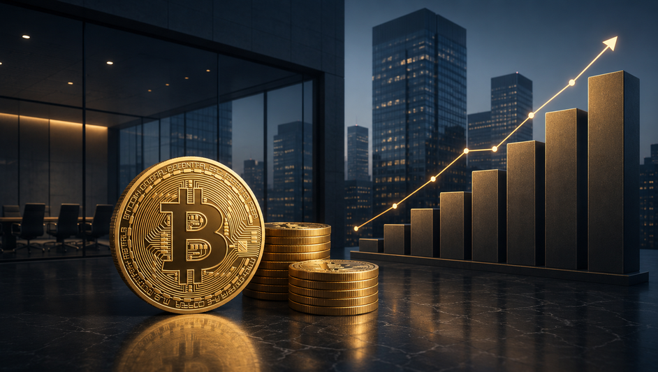 Goldene Bitcoin-Münzen vor einem steigenden Finanzchart und moderner Unternehmensskyline.