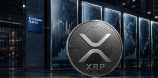 Silberne XRP-Münze vor dem Goldman-Sachs-Logo und mehreren Börsencharts