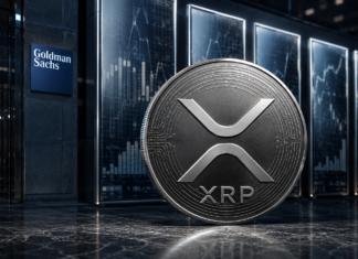 Silberne XRP-Münze vor dem Goldman-Sachs-Logo und mehreren Börsencharts