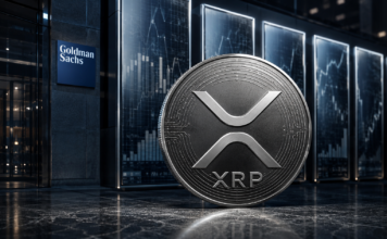 Silberne XRP-Münze vor dem Goldman-Sachs-Logo und mehreren Börsencharts