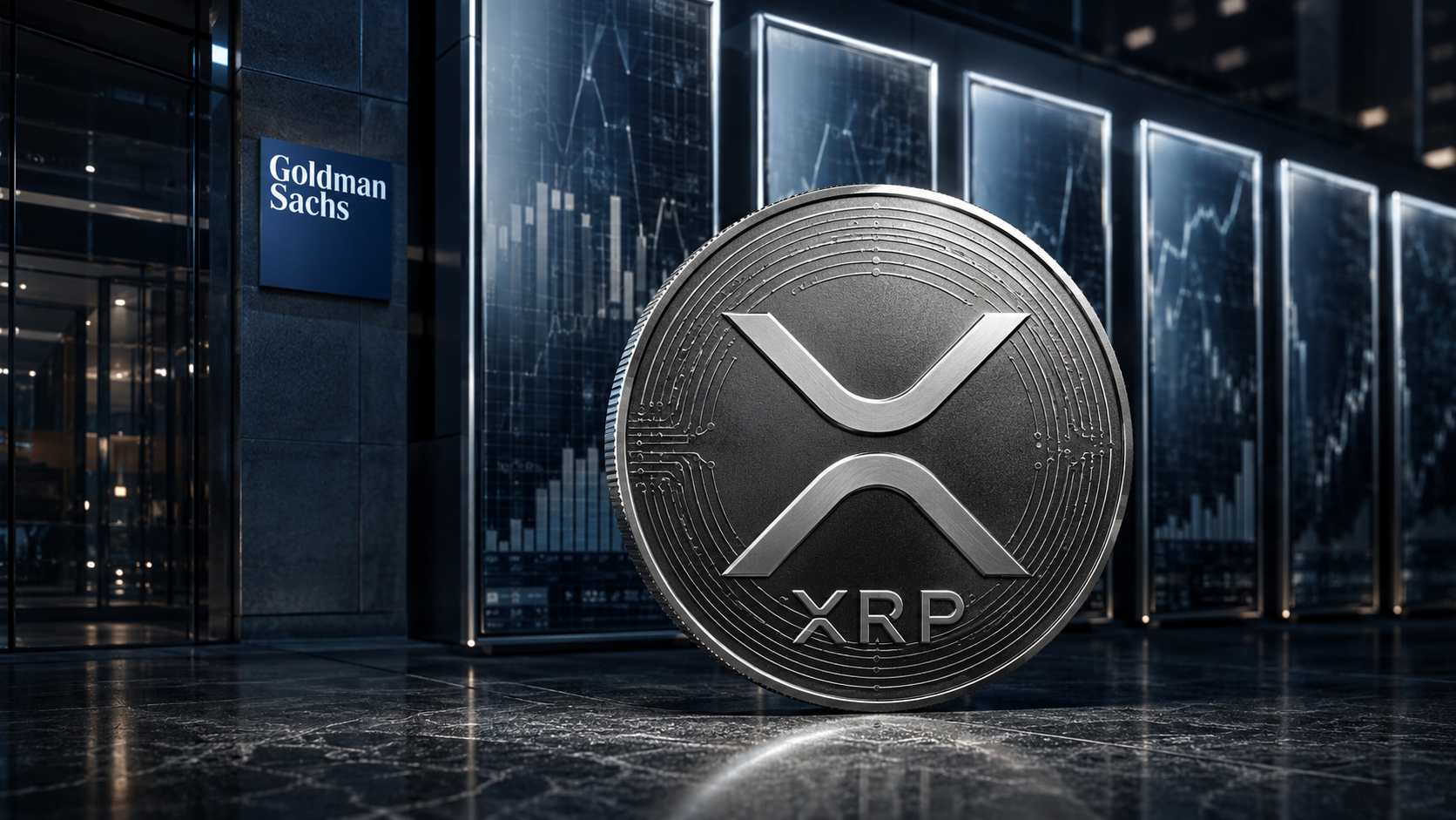 Silberne XRP-Münze vor dem Goldman-Sachs-Logo und mehreren Börsencharts