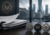Dokumente auf einem Schreibtisch neben Symbolen für Cardano, Hedera und Polkadot vor unscharfem Behörden- und Finanzhintergrund.