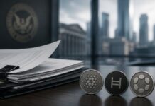 Dokumente auf einem Schreibtisch neben Symbolen für Cardano, Hedera und Polkadot vor unscharfem Behörden- und Finanzhintergrund.
