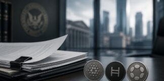 Dokumente auf einem Schreibtisch neben Symbolen für Cardano, Hedera und Polkadot vor unscharfem Behörden- und Finanzhintergrund.