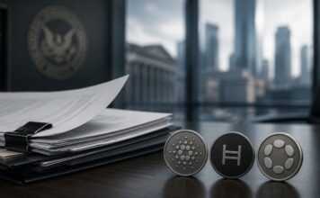 Dokumente auf einem Schreibtisch neben Symbolen für Cardano, Hedera und Polkadot vor unscharfem Behörden- und Finanzhintergrund.