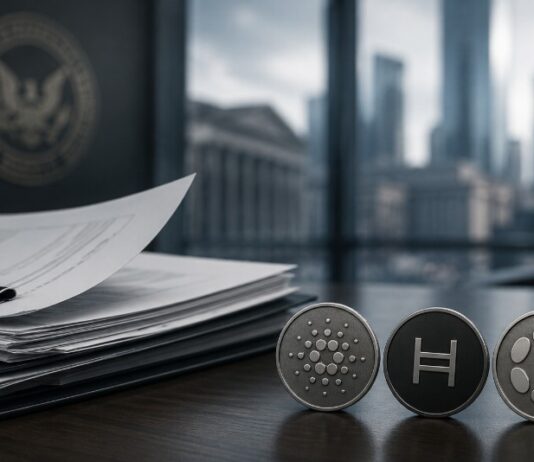 Dokumente auf einem Schreibtisch neben Symbolen für Cardano, Hedera und Polkadot vor unscharfem Behörden- und Finanzhintergrund.