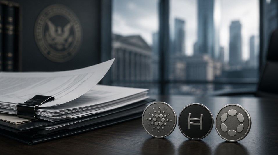 Dokumente auf einem Schreibtisch neben Symbolen für Cardano, Hedera und Polkadot vor unscharfem Behörden- und Finanzhintergrund.