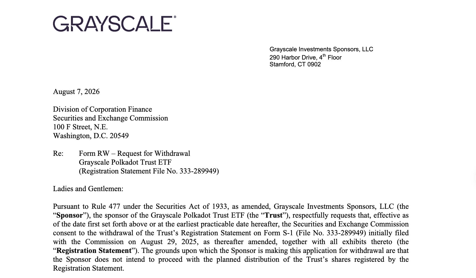 Grayscale-Schreiben an die US-Börsenaufsicht SEC zur Rücknahme des Grayscale Polkadot Trust ETF.