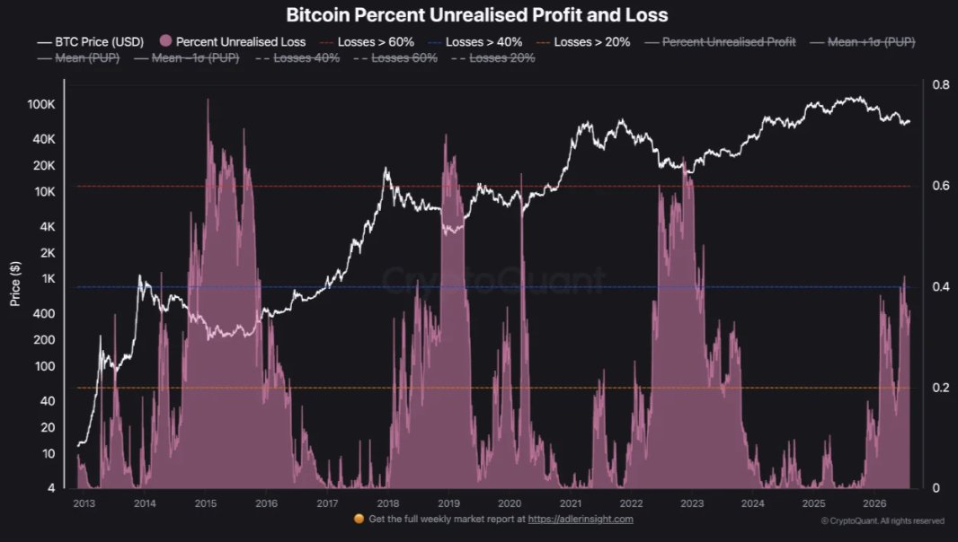 CryptoQuant-Chart zum Anteil des Bitcoin-Angebots mit nicht realisierten Verlusten zwischen 2013 und 2026