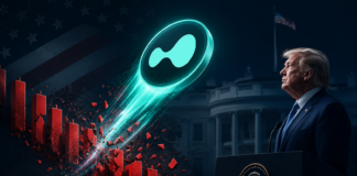 Trump lobt Hyperliquid im Weißen Haus: HYPE steigt um mehr als 25 Prozent Hyperliquid-Logo durchbricht rote Kursbalken vor dem Weißen Haus, während Donald Trump am Rednerpult steht.