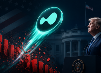 Hyperliquid-Logo durchbricht rote Kursbalken vor dem Weißen Haus, während Donald Trump am Rednerpult steht.