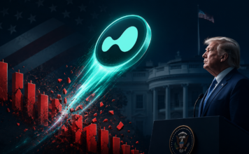 Trump lobt Hyperliquid im Weißen Haus: HYPE steigt um mehr als 25 Prozent Hyperliquid-Logo durchbricht rote Kursbalken vor dem Weißen Haus, während Donald Trump am Rednerpult steht.