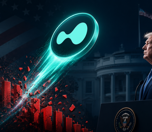 Hyperliquid-Logo durchbricht rote Kursbalken vor dem Weißen Haus, während Donald Trump am Rednerpult steht.