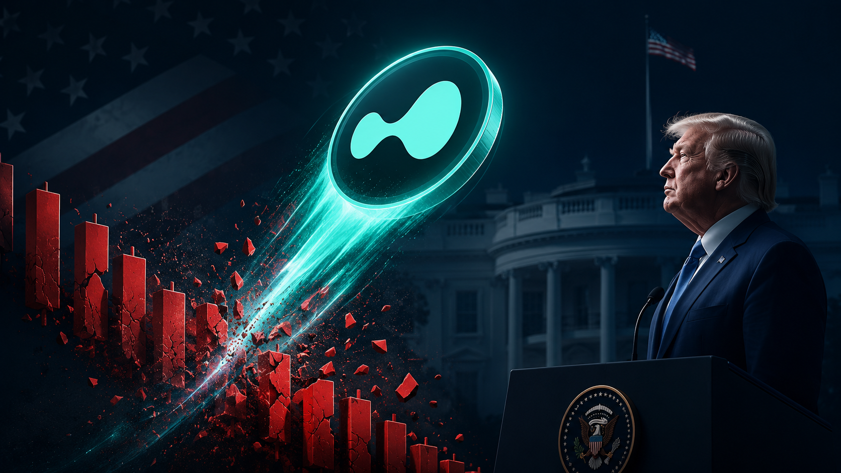 Hyperliquid-Logo durchbricht rote Kursbalken vor dem Weißen Haus, während Donald Trump am Rednerpult steht.