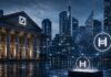 Moderne Finanzszene mit bankähnlichem Gebäude im Stil der Deutschen Bank und großem Hedera-Hologramm vor einer Skyline.