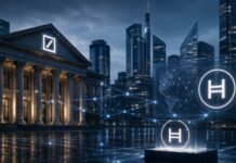 Moderne Finanzszene mit bankähnlichem Gebäude im Stil der Deutschen Bank und großem Hedera-Hologramm vor einer Skyline.