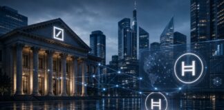 Taurus erweitert Hedera-Angebot für Banken – Deutsche Bank nutzt Infrastruktur Moderne Finanzszene mit bankähnlichem Gebäude im Stil der Deutschen Bank und großem Hedera-Hologramm vor einer Skyline.