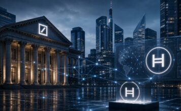 Moderne Finanzszene mit bankähnlichem Gebäude im Stil der Deutschen Bank und großem Hedera-Hologramm vor einer Skyline.