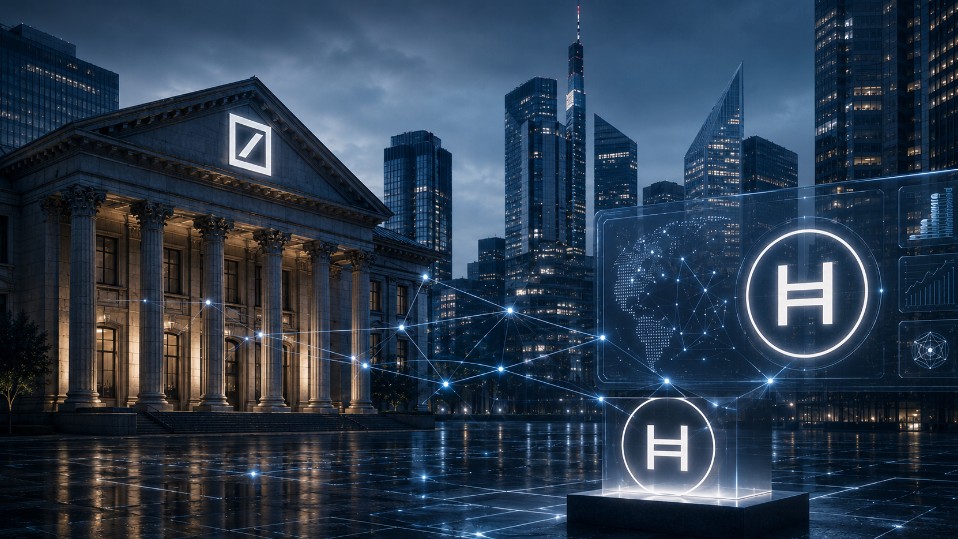 Moderne Finanzszene mit bankähnlichem Gebäude im Stil der Deutschen Bank und großem Hedera-Hologramm vor einer Skyline.