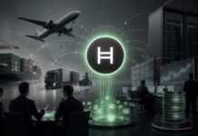 Hedera-Logo vor Logistik-, Rechenzentrums- und Finanzmotiven als Symbol für institutionelle Blockchain-Adoption