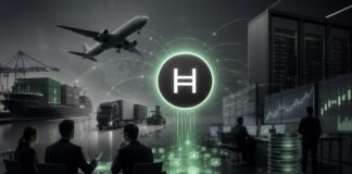 Hedera-Logo vor Logistik-, Rechenzentrums- und Finanzmotiven als Symbol für institutionelle Blockchain-Adoption