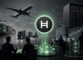 Hedera-Logo vor Logistik-, Rechenzentrums- und Finanzmotiven als Symbol für institutionelle Blockchain-Adoption