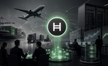 Hedera-Logo vor Logistik-, Rechenzentrums- und Finanzmotiven als Symbol für institutionelle Blockchain-Adoption