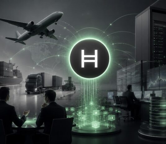 Hedera-Logo vor Logistik-, Rechenzentrums- und Finanzmotiven als Symbol für institutionelle Blockchain-Adoption