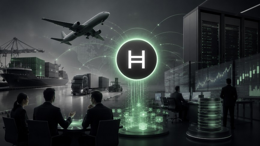 Hedera-Logo vor Logistik-, Rechenzentrums- und Finanzmotiven als Symbol für institutionelle Blockchain-Adoption