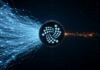 IOTA-Logo zwischen einem massiven blauen Datenstrom aus Systemtransaktionen und einer kleinen orangefarbenen Spur für Nutzertransaktionen