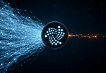 IOTA: 99,5 Prozent der Transaktionen sind kostenloser Systemverkehr IOTA-Logo zwischen einem massiven blauen Datenstrom aus Systemtransaktionen und einer kleinen orangefarbenen Spur für Nutzertransaktionen