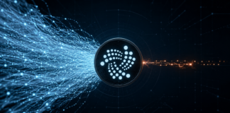 IOTA-Logo zwischen einem massiven blauen Datenstrom aus Systemtransaktionen und einer kleinen orangefarbenen Spur für Nutzertransaktionen