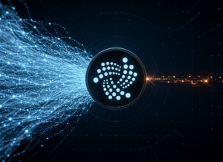IOTA-Logo zwischen einem massiven blauen Datenstrom aus Systemtransaktionen und einer kleinen orangefarbenen Spur für Nutzertransaktionen