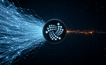 IOTA-Logo zwischen einem massiven blauen Datenstrom aus Systemtransaktionen und einer kleinen orangefarbenen Spur für Nutzertransaktionen