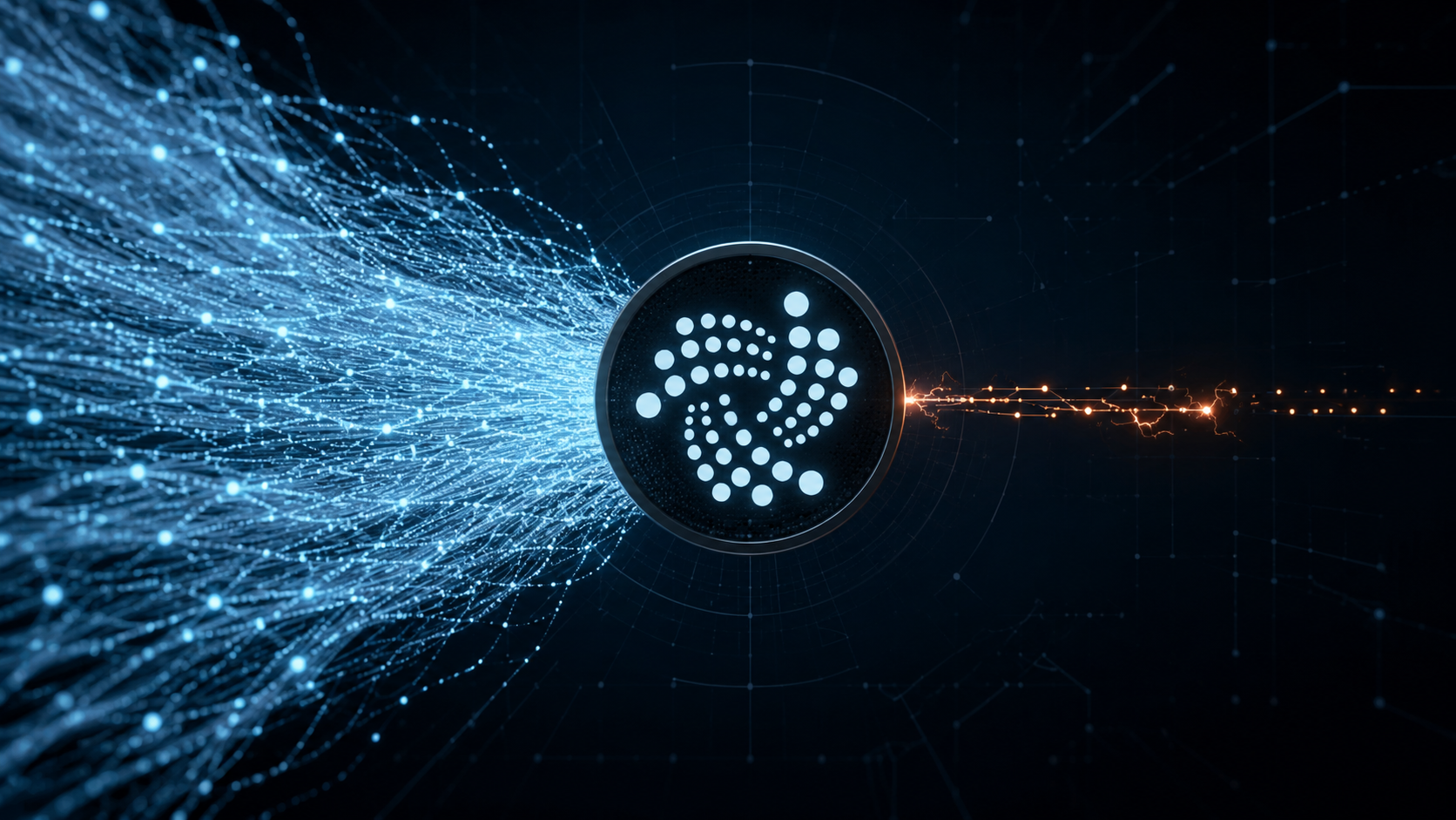IOTA-Logo zwischen einem massiven blauen Datenstrom aus Systemtransaktionen und einer kleinen orangefarbenen Spur für Nutzertransaktionen