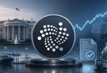 IOTA-Kurs steigt 7% nach Krypto-Gipfel in Washington IOTA-Logo vor Weißem Haus, steigendem Kurschart und vernetzter Industrie als Symbol für Krypto-Adoption und Marktaufschwung