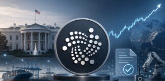 IOTA-Logo vor Weißem Haus, steigendem Kurschart und vernetzter Industrie als Symbol für Krypto-Adoption und Marktaufschwung