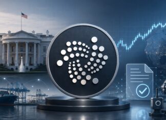 IOTA-Logo vor Weißem Haus, steigendem Kurschart und vernetzter Industrie als Symbol für Krypto-Adoption und Marktaufschwung