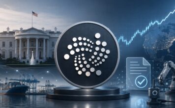 IOTA-Logo vor Weißem Haus, steigendem Kurschart und vernetzter Industrie als Symbol für Krypto-Adoption und Marktaufschwung