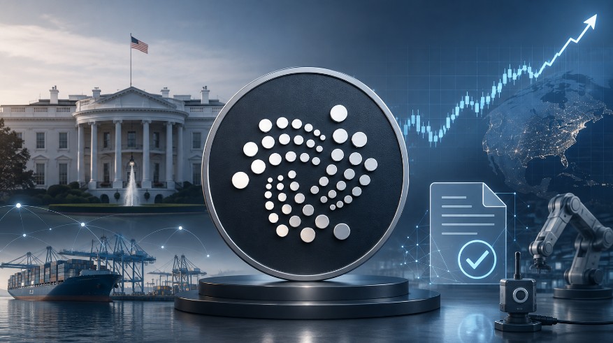 IOTA-Logo vor Weißem Haus, steigendem Kurschart und vernetzter Industrie als Symbol für Krypto-Adoption und Marktaufschwung