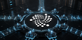IOTA-Logo im Zentrum eines digitalen Validator-Netzwerks zum Mainnet-Upgrade v1.30.1 mit Protocol 33