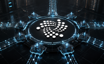 IOTA-Logo im Zentrum eines digitalen Validator-Netzwerks zum Mainnet-Upgrade v1.30.1 mit Protocol 33
