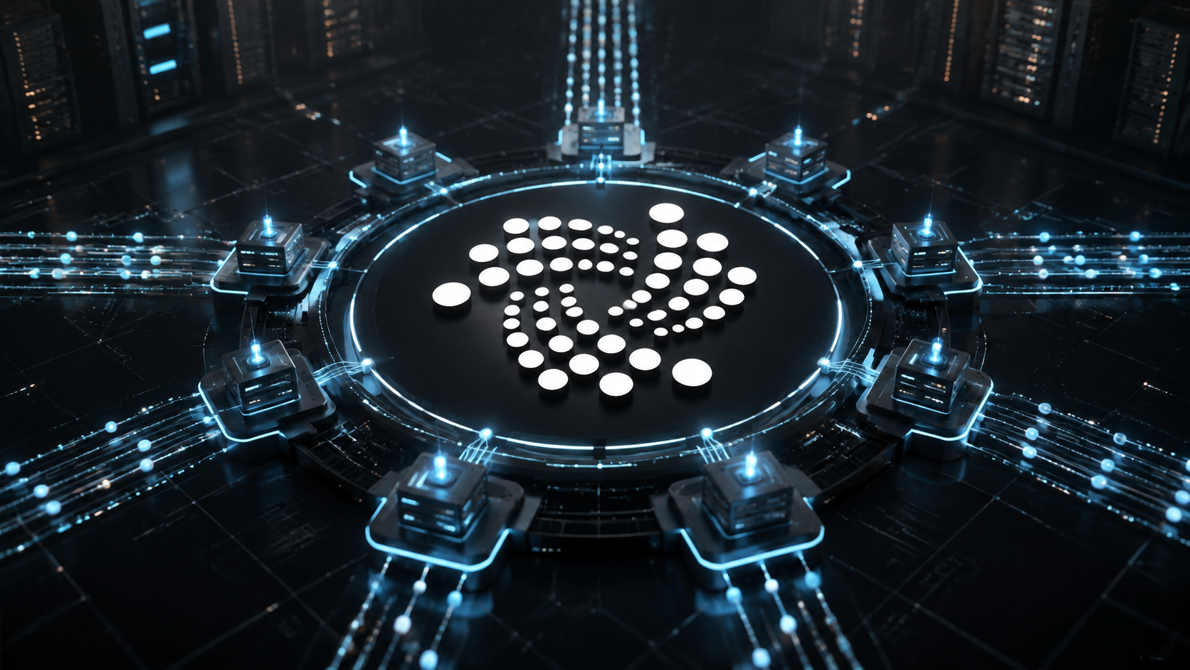 IOTA-Logo im Zentrum eines digitalen Validator-Netzwerks zum Mainnet-Upgrade v1.30.1 mit Protocol 33