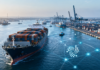 Containerschiff im Hafen von Mombasa mit IOTA-Netzwerk als Symbol für TLIP und die digitale Zollabfertigung in Kenia