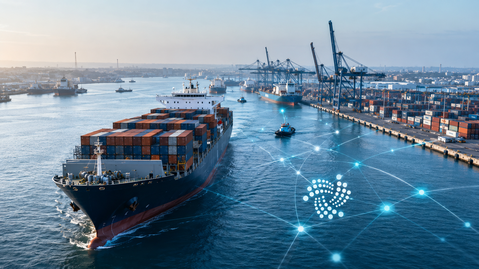 Containerschiff im Hafen von Mombasa mit IOTA-Netzwerk als Symbol für TLIP und die digitale Zollabfertigung in Kenia